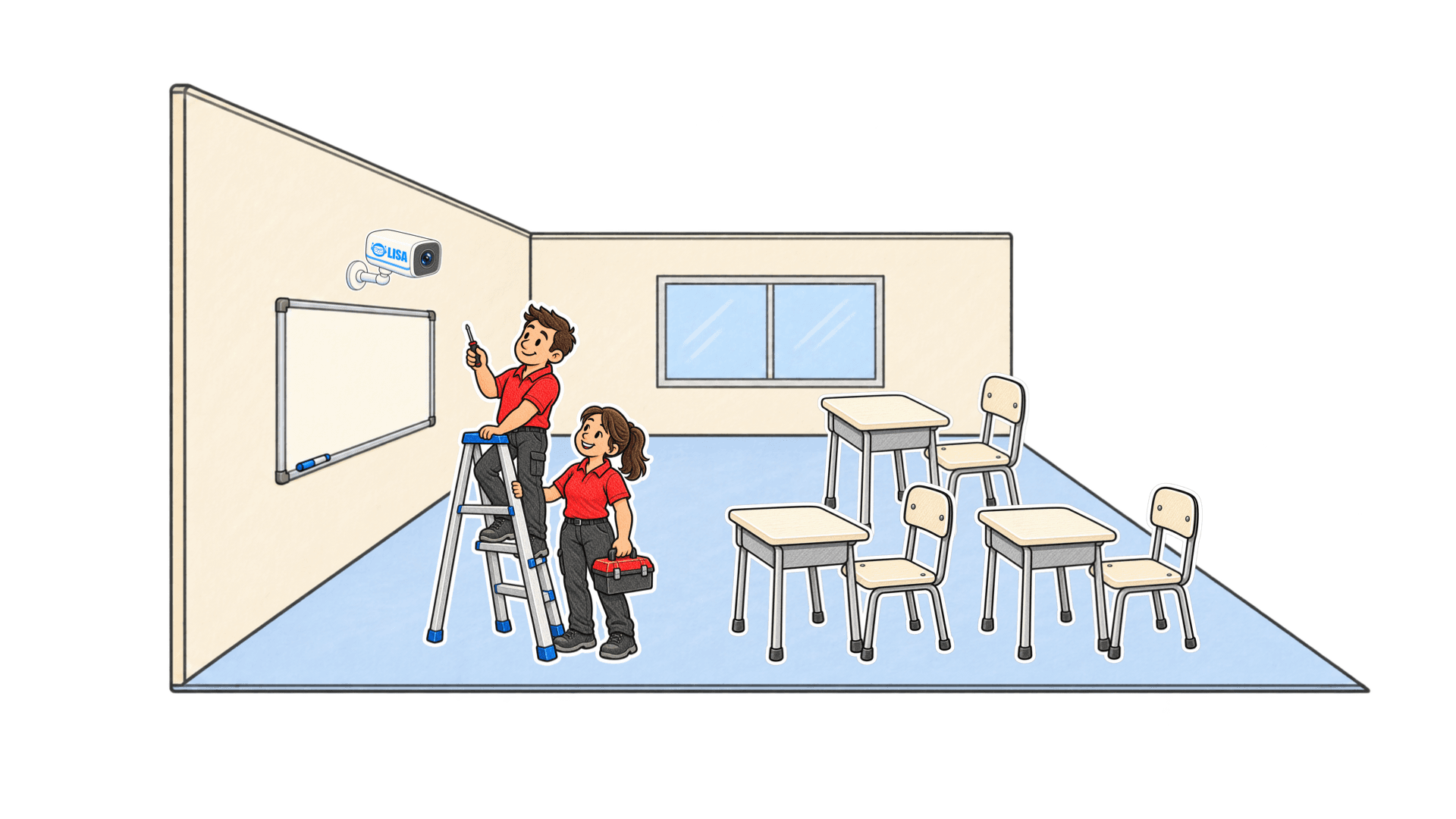 Dos técnicos vestidos de rojo instalan una cámara LISA en un aula con pizarra y bancos vacíos.